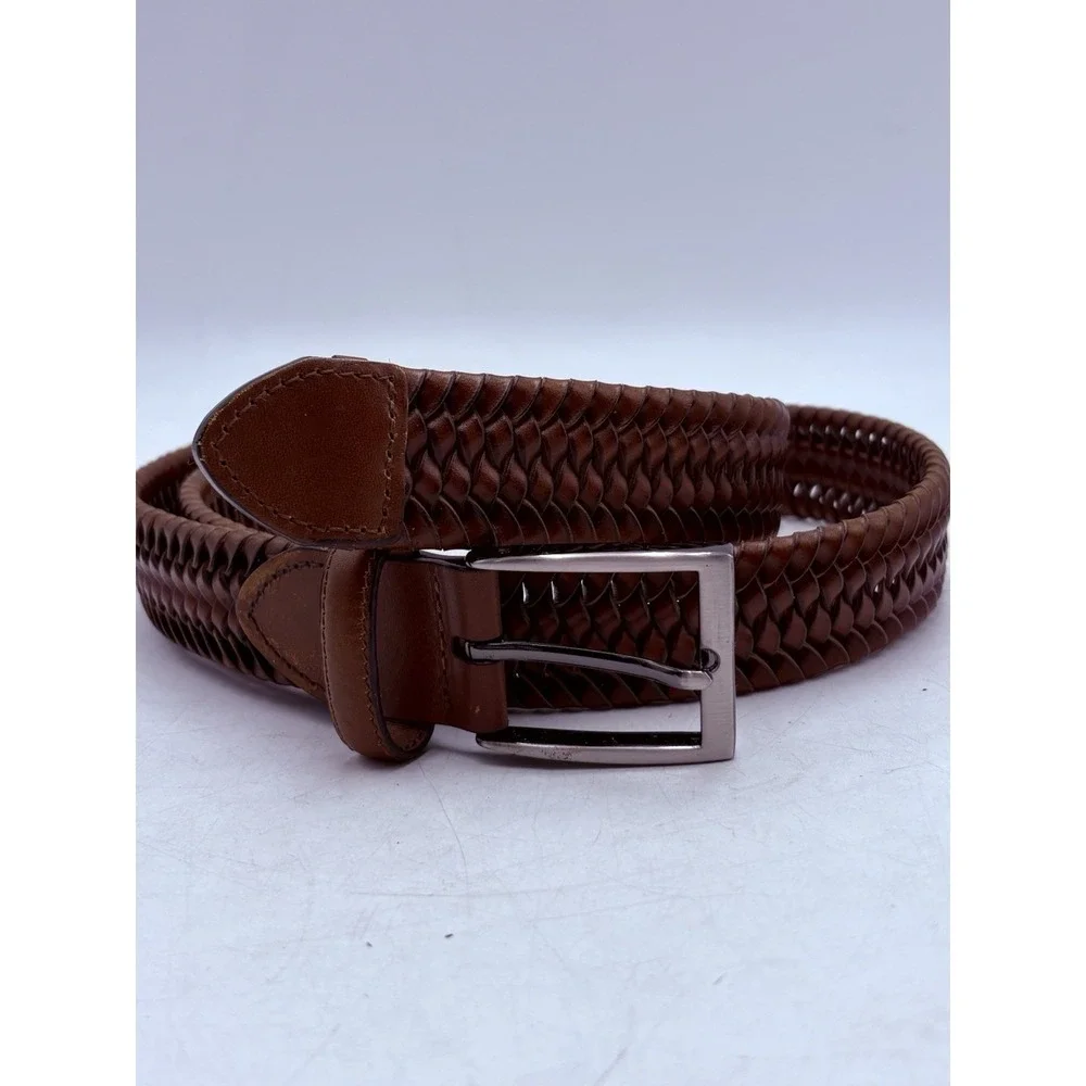 Johnston & Murphy Mens 38 Brown Woven Leather Belt Braided Dress Casual